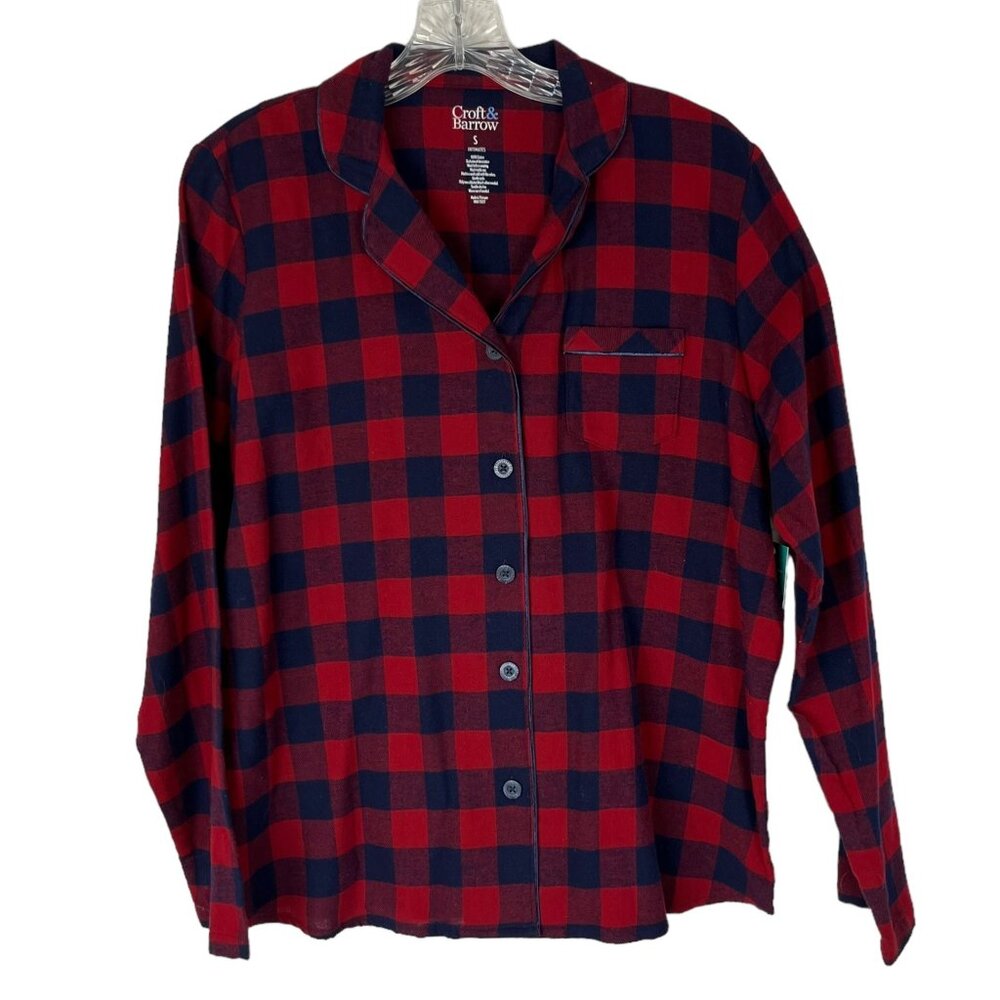 Croft & Barrow Womens Plaid Pajama Sleep Top Buton Front Red Blue Size Small New